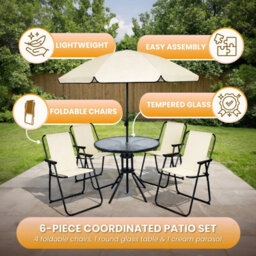 4 Seater Cream Patio Dining Set With Parasol Garden Table And Chairs Set With 4 Foldable Chairs - thumbnail 4