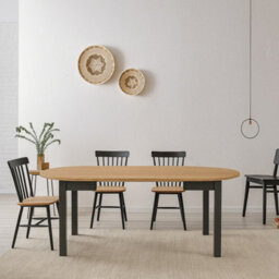 Impact Furniture Dining Kitchen Table Small Round Extendable To Oval Oak And Black 4 To 12 Seater Extending  105Cm To 150Cm To 195Cm To 240Cm Indus - thumbnail 3
