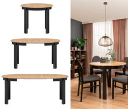 Impact Furniture Dining Kitchen Table Small Round Extendable To Oval Oak And Black 4 To 12 Seater Extending  105Cm To 150Cm To 195Cm To 240Cm Indus