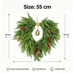 Amorly 22 Inch Artificial Cypress Wreath With Red Berries & Golden Bell,for Front Door, Farmhouse Christmas Seasonal Home Wall Decor - thumbnail 5