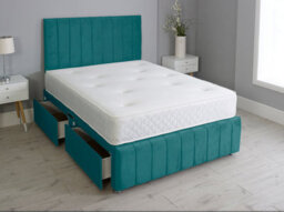 Comfy Deluxe 4Ft6 Double Panel Green Plush Divan Bed Set  Headboard & Footboard 2 Drawers Right Side - thumbnail 1