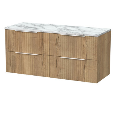 Balterley Callingwood Contemporary Wall Hung 4 Drawer Vanity Unit With Carrera Marble Laminate Worktop , 1200mm, Autumn Oak - image 1