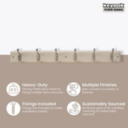 Keypak 6-Hook Wall-Mounted Coat Rack, 68Cm - Cream Wooden Board, Satin Nickel Coat Hooks - thumbnail 2