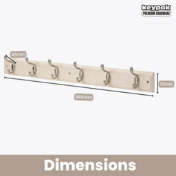 Keypak 6-Hook Wall-Mounted Coat Rack, 68Cm - Cream Wooden Board, Satin Nickel Coat Hooks - thumbnail 3