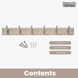 Keypak 6-Hook Wall-Mounted Coat Rack, 68Cm - Cream Wooden Board, Satin Nickel Coat Hooks - thumbnail 4