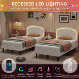 Abrihome 3Ft Single Upholstered Bed With Led Adjustable Shell Shape Headboard, Soft Velvet Bed Frame With Solid Wood Slat, Cream White - thumbnail 6