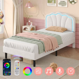 Abrihome 3Ft Single Upholstered Bed With Led Adjustable Shell Shape Headboard, Soft Velvet Bed Frame With Solid Wood Slat, Cream White - thumbnail 4