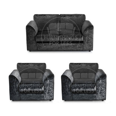 Furnishings For Less UK Crystal Crushed Velvet 3 Piece Sofa Set - 2 1 1 Black - Full Back - image 1