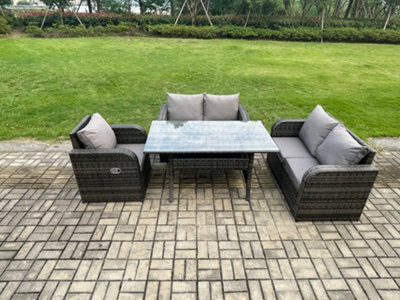 Fimous 5 Seater Lounge Rattan Sofa Set Outdoor Garden Furniture Rectangular Dining Table With Chairs Dark Grey Mixed - image 1