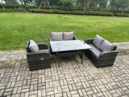 Fimous 5 Seater Lounge Rattan Sofa Set Outdoor Garden Furniture Rectangular Dining Table With Chairs Dark Grey Mixed - thumbnail 2