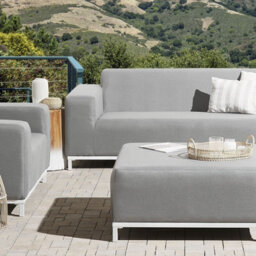 Beliani Light Grey Water-Resistant Polyester Ottoman With White Aluminium Legs, Square 83X83X38Cm - thumbnail 2