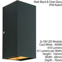 Ip44 Outdoor Up & Down Wall Light Matt Black Porch Box Lantern 5W Cool White Led - thumbnail 2