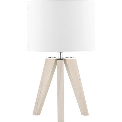 Accessotech White Quincy Table Lamp Wooden Tripod Base White Wash Finish With Cotton Shade E14