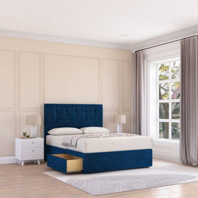 "Sloomy 2Ft6 Highbury Divan Bed Base Navy Plush ,no Drawers & 26"" Struts Headboard - Small Single" - image 1