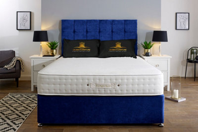 UKBEDFURNITURE Senator Blue Plush  Divan Bed Base With 26 Inch Headboard & 10 Inch Orthopaedic Mattress - No Storage - image 1