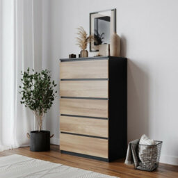 Urbn-Living Urbnliving Height 108.5Cm 5 Drawer Skagen Wooden Bedroom Chest Cabinet Colour Black Carcass And Oak Drawers No Handle Storage - thumbnail 2