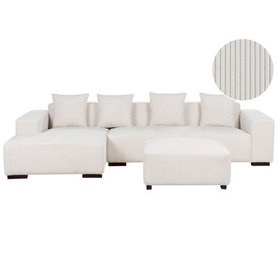 Beliani Corner Sofa 4 Seater Lungo Corduroy Off-White With Ottoman Right Hand - image 1