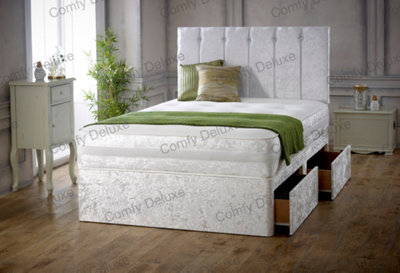 Comfy Deluxe 2Ft6 White Crushed Velvet Divan Bed With Florence 20Inch Headboard & Matching Mattress 2 Drawers Same Side