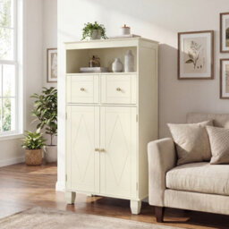 Costway Bathroom Floor Storage Cabinet Freestanding Storage Organizer With Doors-Beige - thumbnail 1