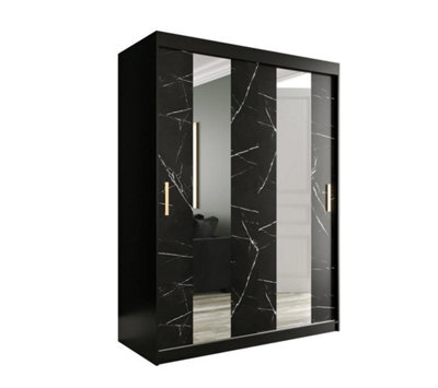 Arte Elegant Black Geneva Sliding Door Wardrobe W1500mm H2000mm D620mm - Mirrored Doors, Gold Handles, Space-Saving Storage - image 1