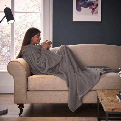 Charcoal Grey Wearable Blanket With Sleeves Foot Pocket Teddy Fleece Cushion - image 1