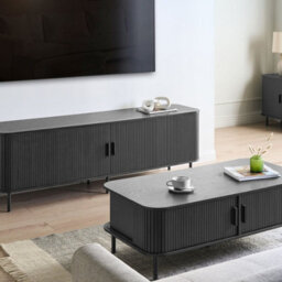 Wyld and Coco Mirahome 54-Inch Tv Stand Black - Laminated Mdf With Metal Legs, Retro Sliding Cabinet - thumbnail 2