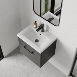 Rio 1 Drawer Wall Hung Vanity Basin Unit - 500mm - Gloss Grey With Square Black D-Shaped Handle (Tap Not Included) - Balterley - thumbnail 3