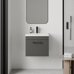 Rio 1 Drawer Wall Hung Vanity Basin Unit - 500mm - Gloss Grey With Square Black D-Shaped Handle (Tap Not Included) - Balterley - thumbnail 2