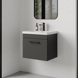 Rio 1 Drawer Wall Hung Vanity Basin Unit - 500mm - Gloss Grey With Square Black D-Shaped Handle (Tap Not Included) - Balterley - thumbnail 6