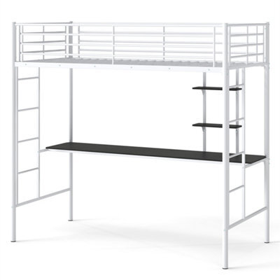 Metal Loft Bed With Built In Desk Shelves Single Size White - image 1