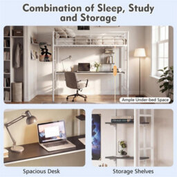 Metal Loft Bed With Built In Desk Shelves Single Size White - thumbnail 5