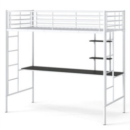 Metal Loft Bed With Built In Desk Shelves Single Size White - thumbnail 1