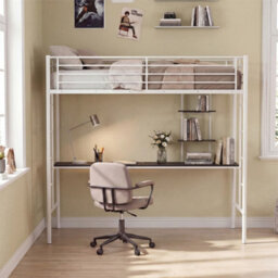 Metal Loft Bed With Built In Desk Shelves Single Size White - thumbnail 6