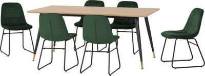 Seconique Hamilton Large Dining Set Oak Effect With 6 Green Velvet Lukas Chairs - image 1