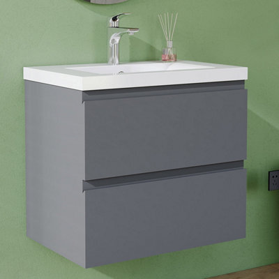 AVER-GROWTH 600mm Wall Hung Vanity Unit With Basin Matt Grey Resin Sink Bathroom Wall Mounted Storage Cabinet Soft Close Hinges 2 Drawers - image 1