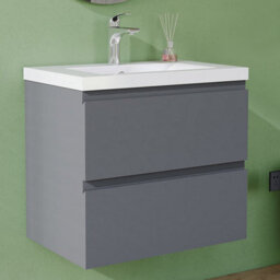 AVER-GROWTH 600mm Wall Hung Vanity Unit With Basin Matt Grey Resin Sink Bathroom Wall Mounted Storage Cabinet Soft Close Hinges 2 Drawers - thumbnail 1