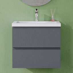 AVER-GROWTH 600mm Wall Hung Vanity Unit With Basin Matt Grey Resin Sink Bathroom Wall Mounted Storage Cabinet Soft Close Hinges 2 Drawers - thumbnail 6