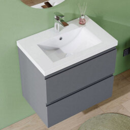 AVER-GROWTH 600mm Wall Hung Vanity Unit With Basin Matt Grey Resin Sink Bathroom Wall Mounted Storage Cabinet Soft Close Hinges 2 Drawers - thumbnail 3