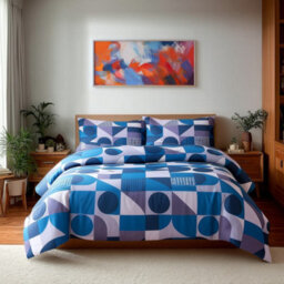 Duvet Cover And Pillowcase Set Trendy Shape Printed Design Polycotton Bed Linen Blue - thumbnail 1