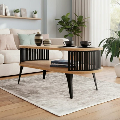 Modern Coffee Table Roenni Oval Shape Open Storage Space Black With Gold Craft Oak - image 1