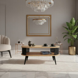 Modern Coffee Table Roenni Oval Shape Open Storage Space Black With Gold Craft Oak - thumbnail 2