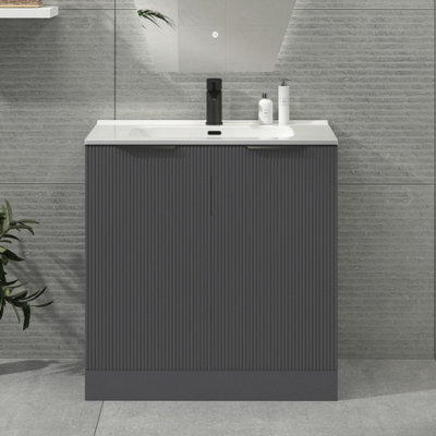 Royal Bathrooms Evora 800mm Graphite Grey Fluted Floor Standing Bathroom Vanity Unit 2 Door Cabinet With Ceramic Basin & Matt Black Handles - image 1
