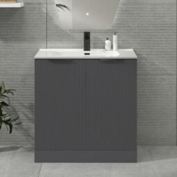 Royal Bathrooms Evora 800mm Graphite Grey Fluted Floor Standing Bathroom Vanity Unit 2 Door Cabinet With Ceramic Basin & Matt Black Handles