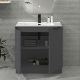 Royal Bathrooms Evora 800mm Graphite Grey Fluted Floor Standing Bathroom Vanity Unit 2 Door Cabinet With Ceramic Basin & Matt Black Handles - thumbnail 3
