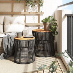 Berkfield Garden Side Tables 2 Pcs With Wooden Top Grey Poly Rattan - thumbnail 3