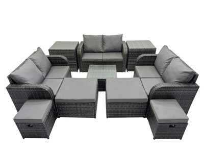 Fimous Rattan Garden Outdoor Furniture Set Love Sofa Square Coffee Table Set With 4 Stools 2 Side Tables Dark Grey Mixed - image 1