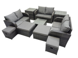 Fimous Rattan Garden Outdoor Furniture Set Love Sofa Square Coffee Table Set With 4 Stools 2 Side Tables Dark Grey Mixed - thumbnail 2