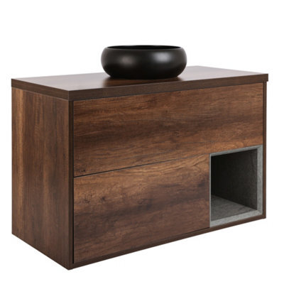 Homestylestore Dark Oak 1000mm Wall Hung Bathroom Vanity Unit With Round Countertop Basin And Graphite Basin - image 1