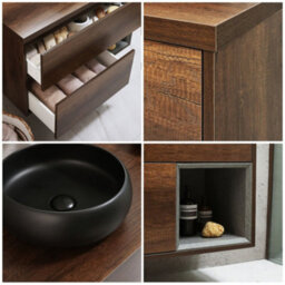 Homestylestore Dark Oak 1000mm Wall Hung Bathroom Vanity Unit With Round Countertop Basin And Graphite Basin - thumbnail 2