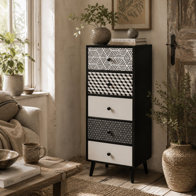 Wyld Haus Rerora Scandi Monochrome Black And Grey 5-Drawer Vertical Storage Chest - Compact Wooden Dresser - image 1
